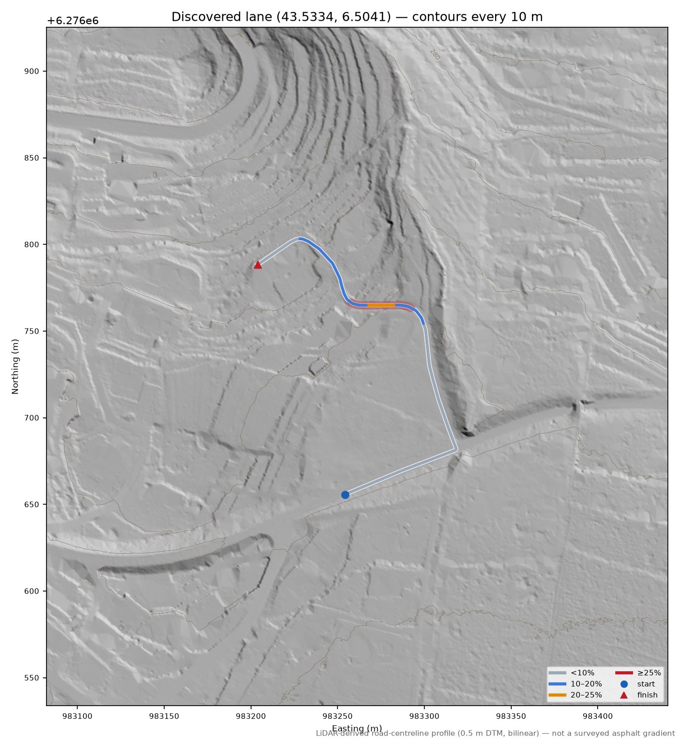 Discovered lane (43.5334, 6.5041) LiDAR hillshade map with contours