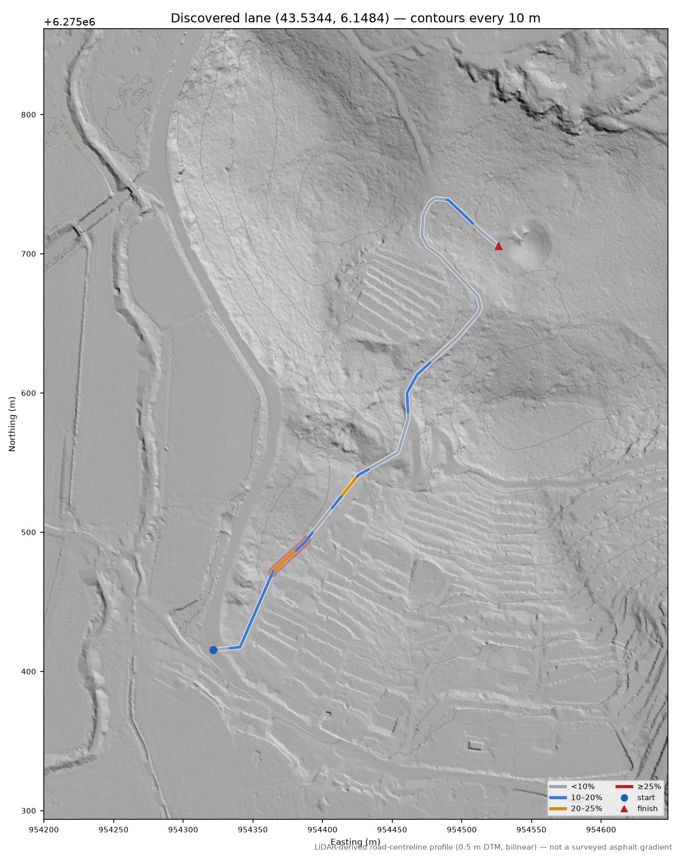 Discovered lane (43.5344, 6.1484) LiDAR hillshade map with contours