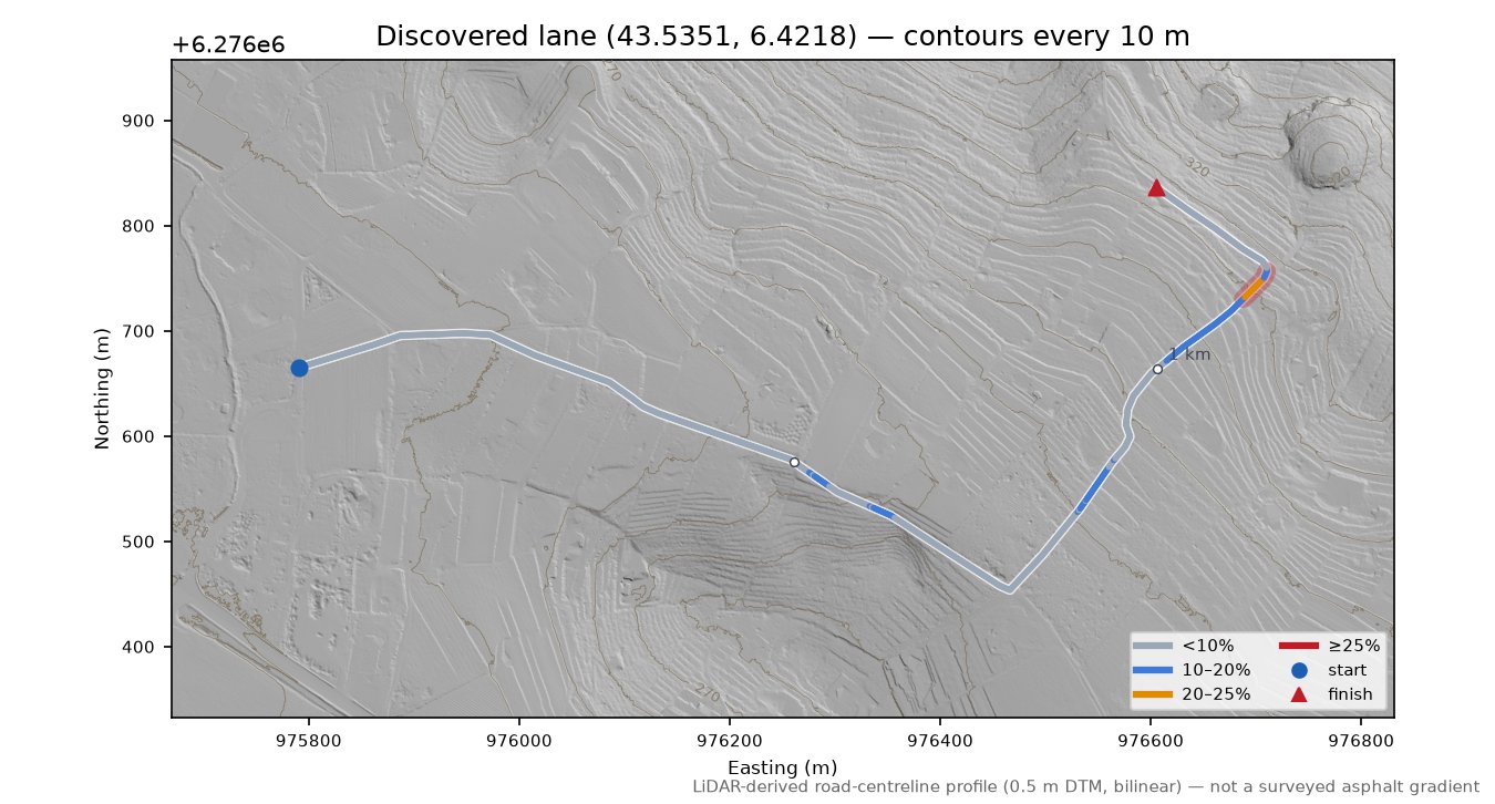 Discovered lane (43.5351, 6.4218) LiDAR hillshade map with contours