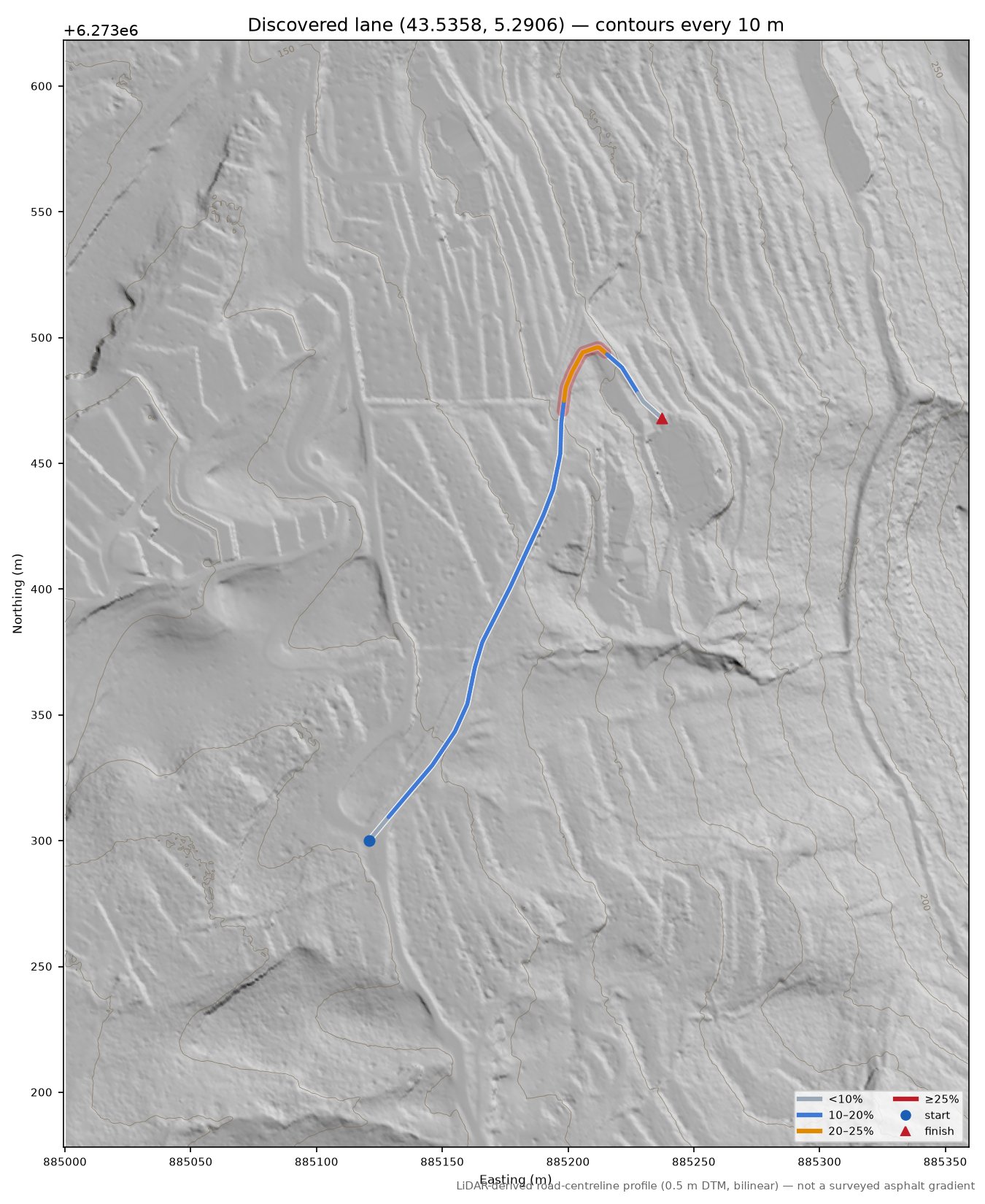 Discovered lane (43.5358, 5.2906) LiDAR hillshade map with contours