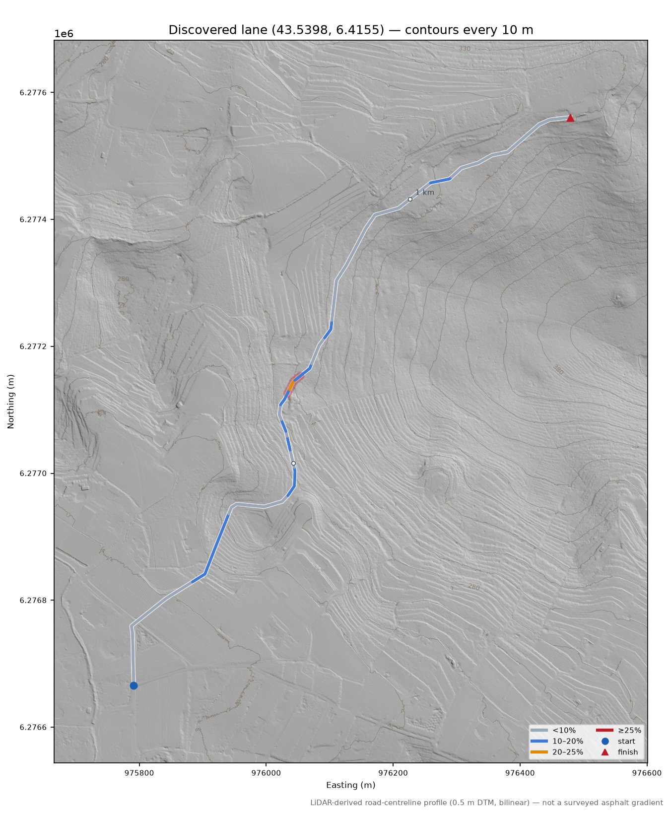 Discovered lane (43.5398, 6.4155) LiDAR hillshade map with contours