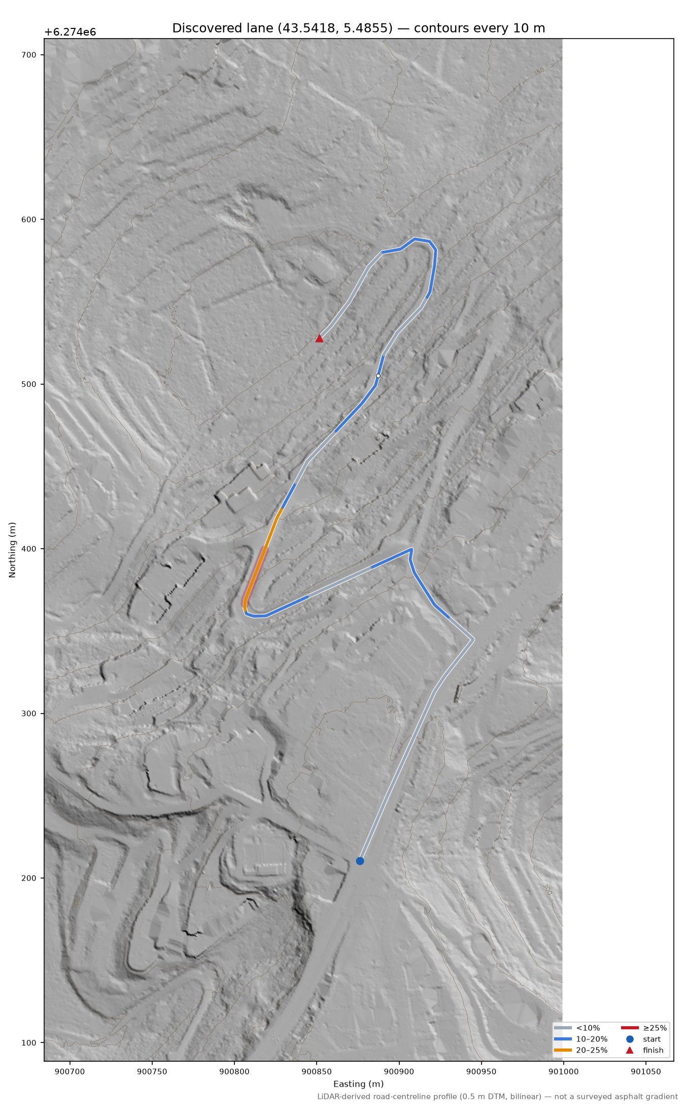 Discovered lane (43.5418, 5.4855) LiDAR hillshade map with contours