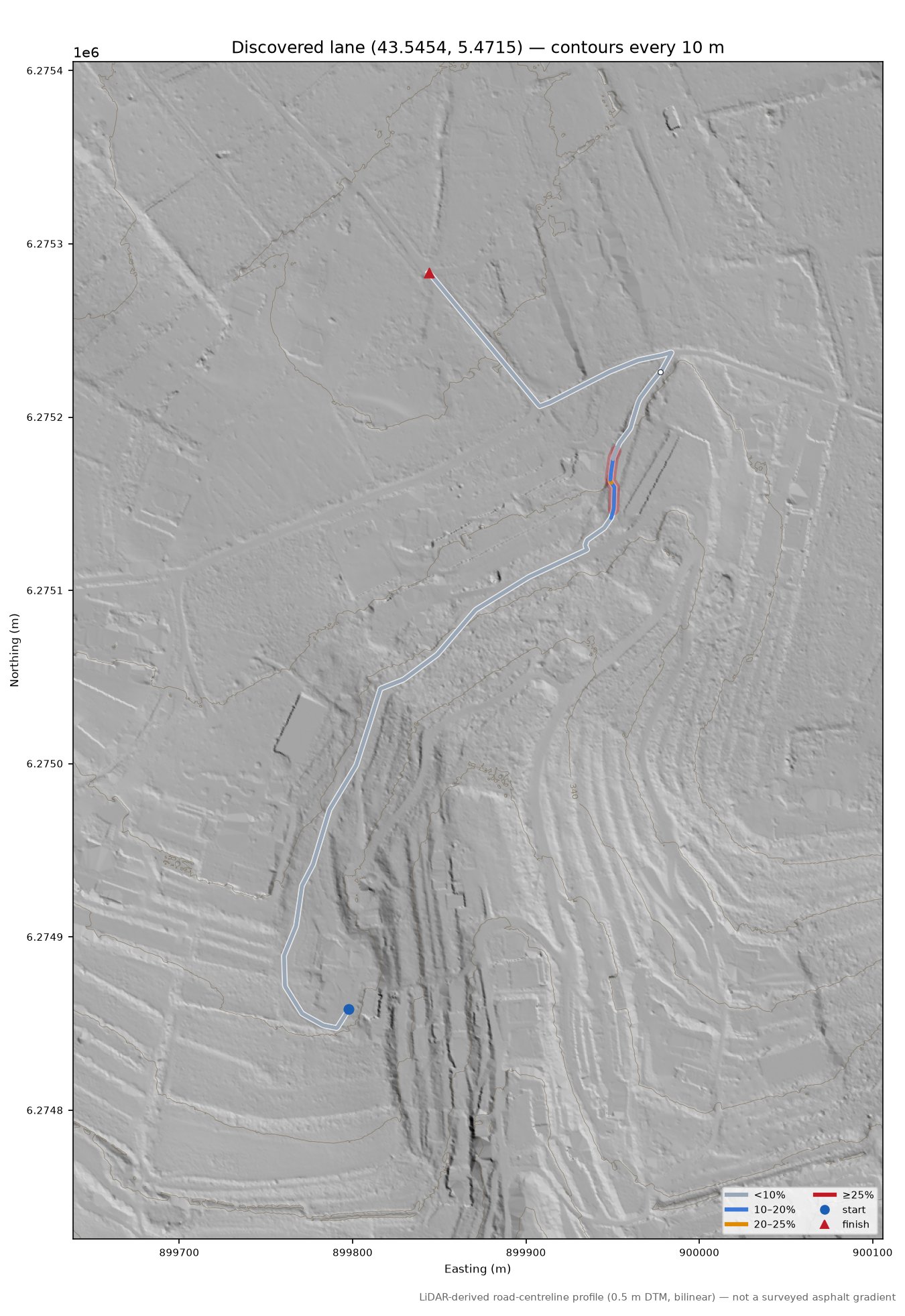 Discovered lane (43.5454, 5.4715) LiDAR hillshade map with contours