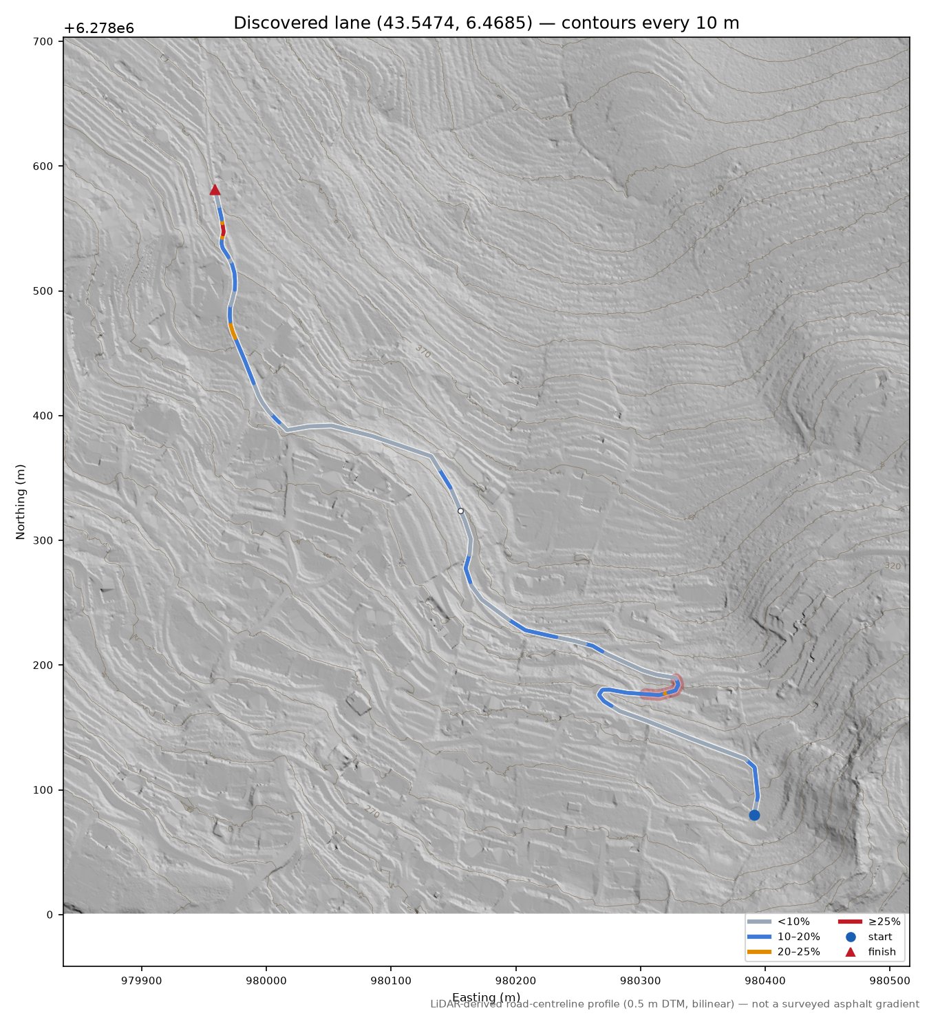 Discovered lane (43.5474, 6.4685) LiDAR hillshade map with contours
