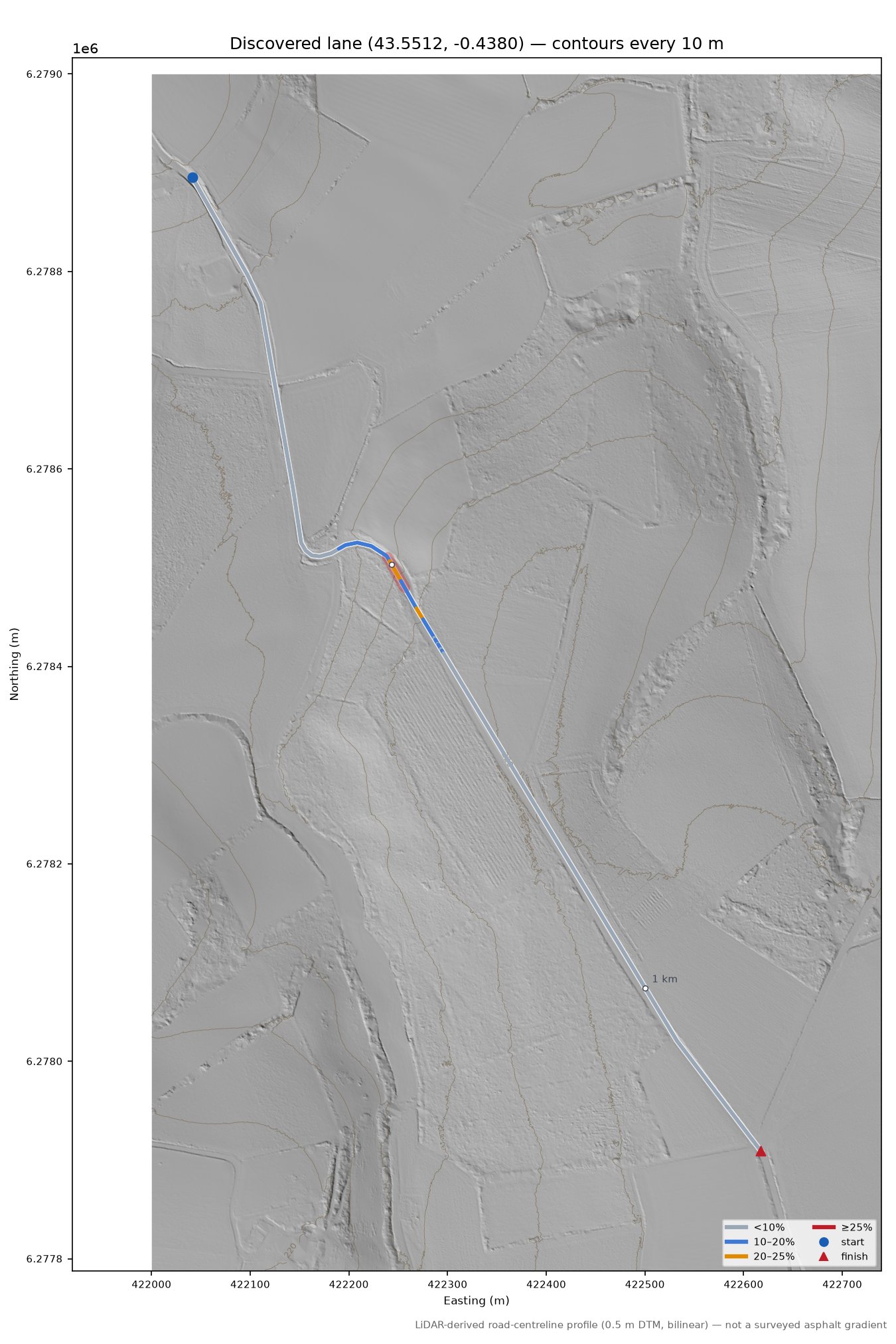 Discovered lane (43.5512, -0.4380) LiDAR hillshade map with contours