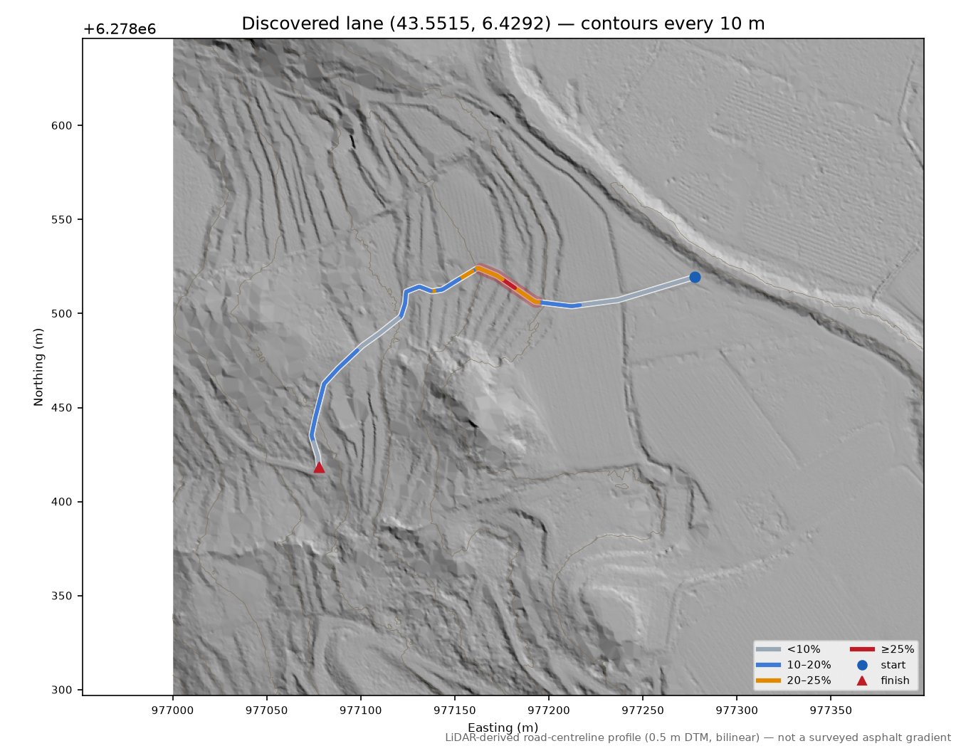 Discovered lane (43.5515, 6.4292) LiDAR hillshade map with contours