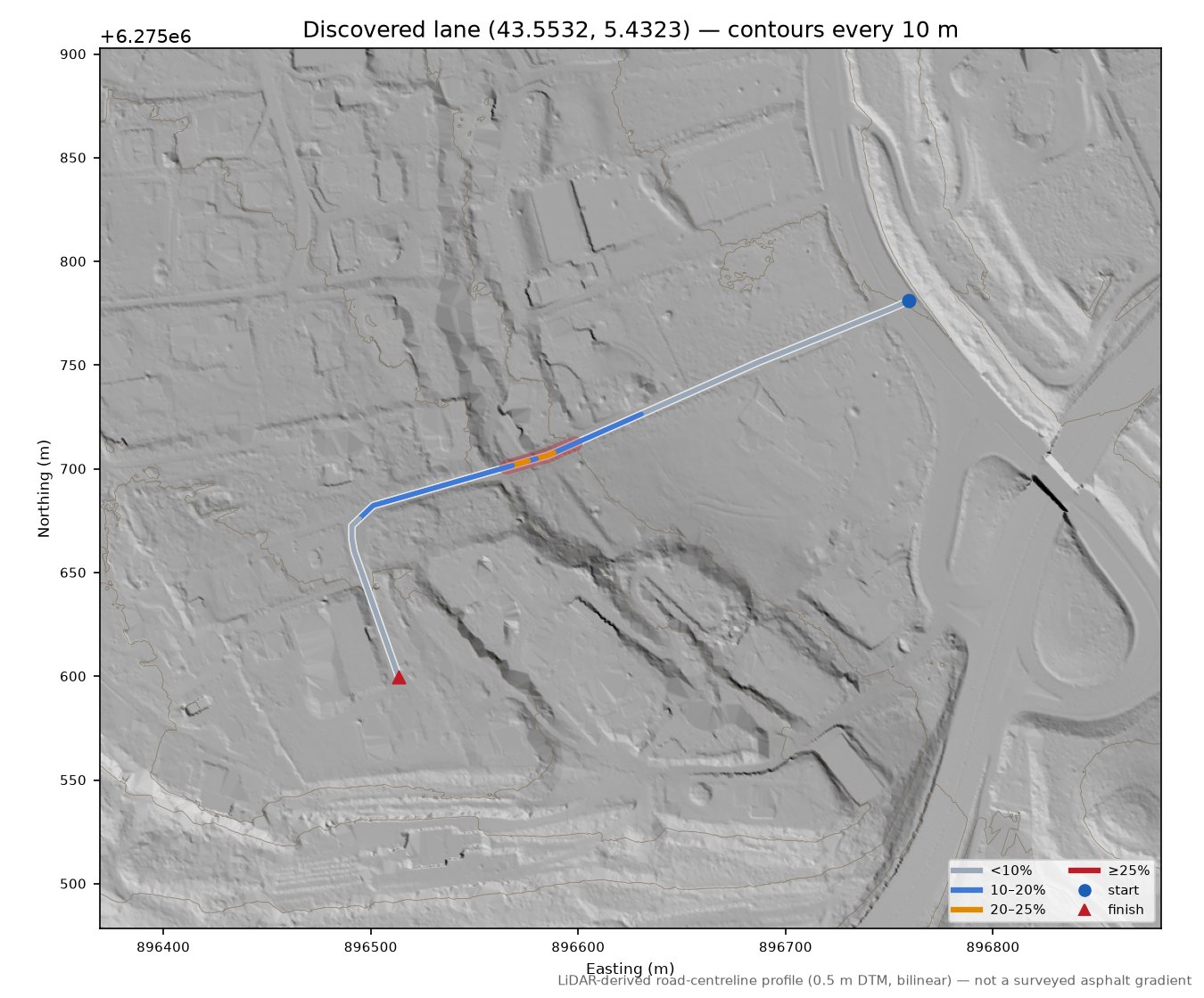 Discovered lane (43.5532, 5.4323) LiDAR hillshade map with contours