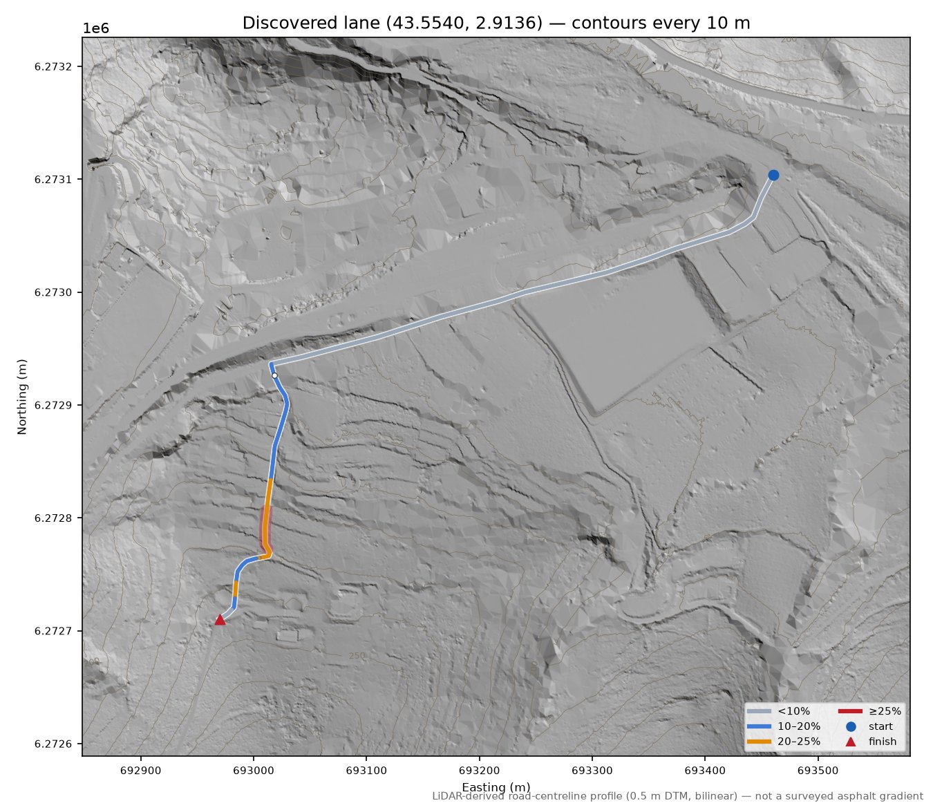 Discovered lane (43.5540, 2.9136) LiDAR hillshade map with contours