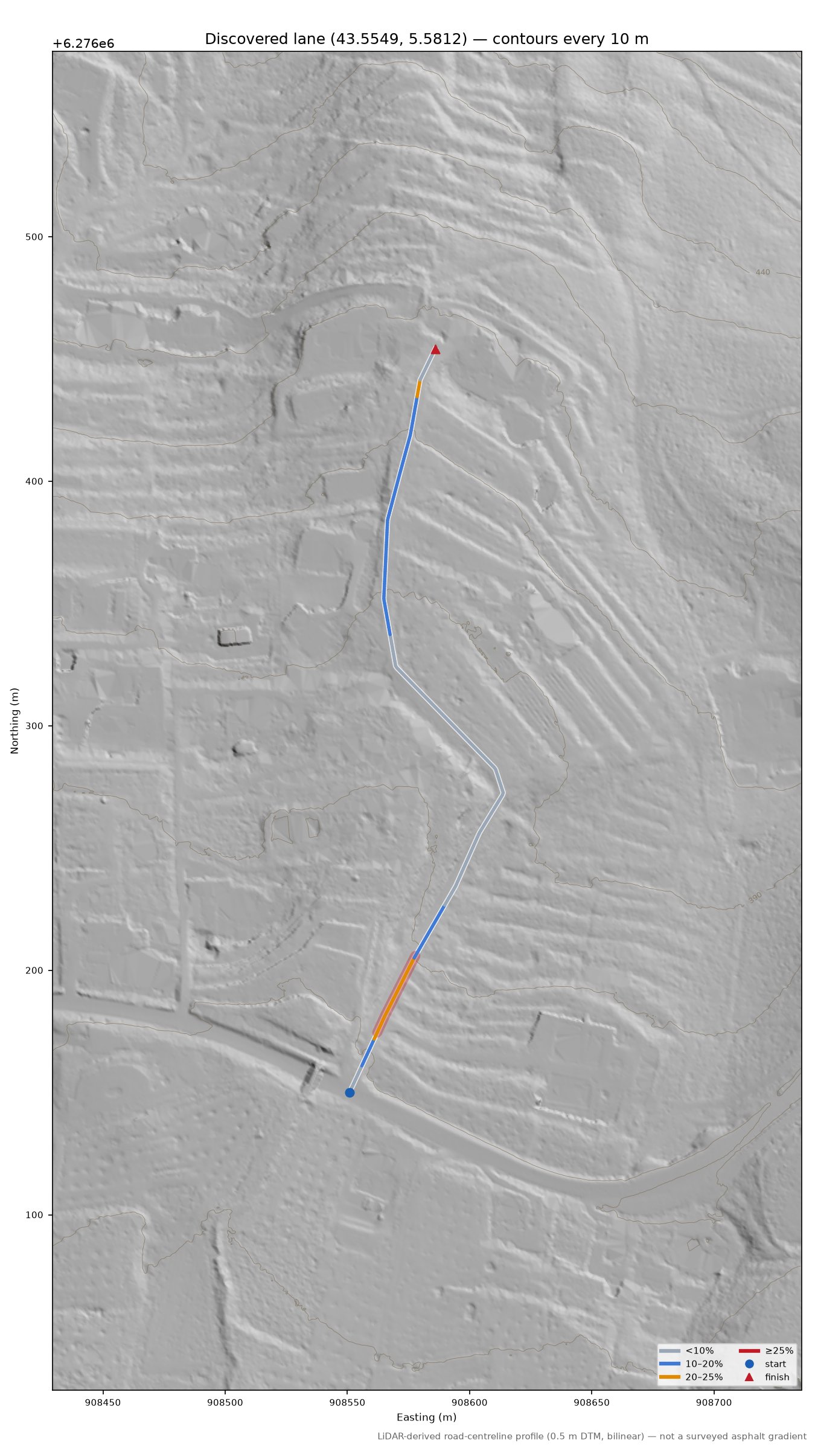 Discovered lane (43.5549, 5.5812) LiDAR hillshade map with contours