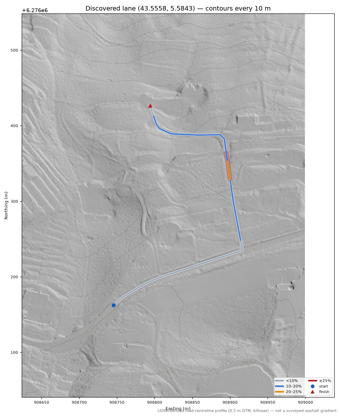 Discovered lane (43.5558, 5.5843) LiDAR hillshade map with contours