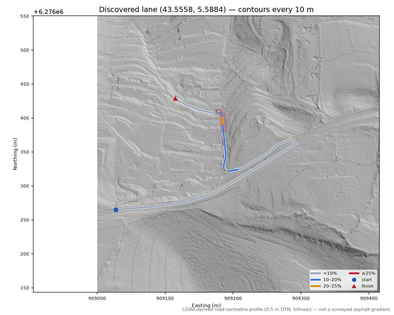 Discovered lane (43.5558, 5.5884) LiDAR hillshade map with contours