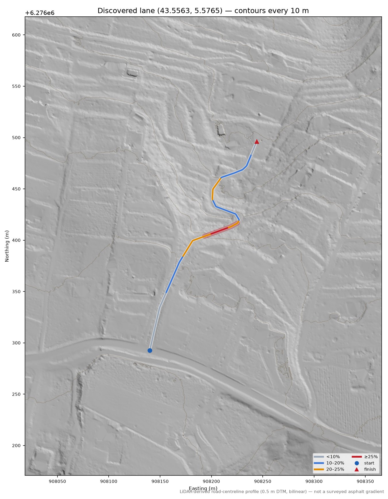 Discovered lane (43.5563, 5.5765) LiDAR hillshade map with contours