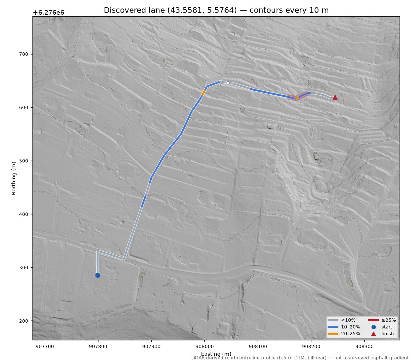 Discovered lane (43.5581, 5.5764) LiDAR hillshade map with contours