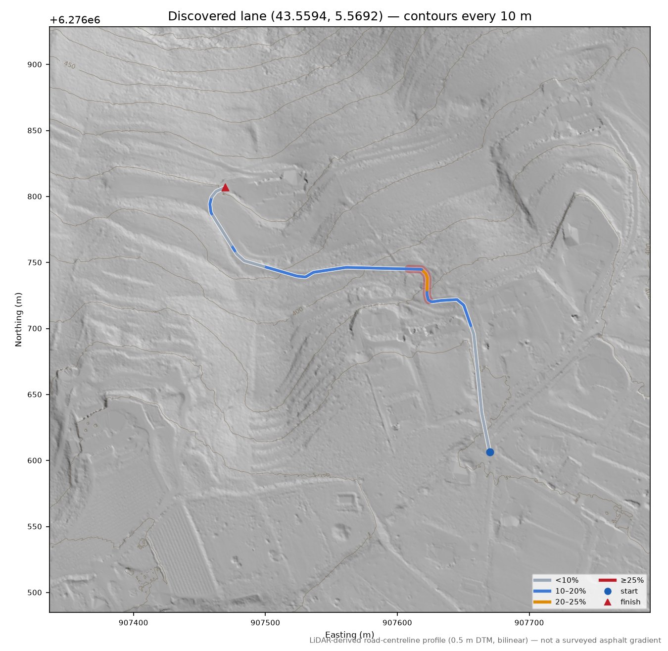 Discovered lane (43.5594, 5.5692) LiDAR hillshade map with contours