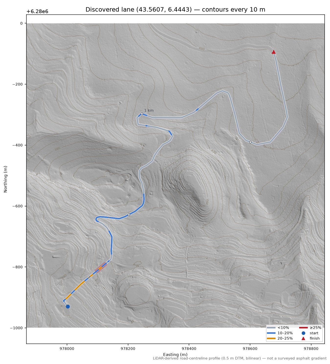 Discovered lane (43.5607, 6.4443) LiDAR hillshade map with contours