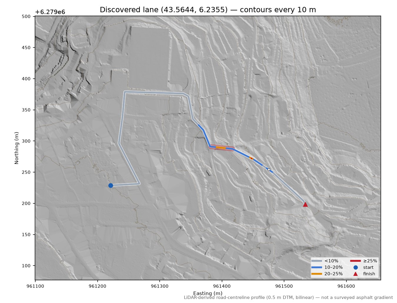 Discovered lane (43.5644, 6.2355) LiDAR hillshade map with contours