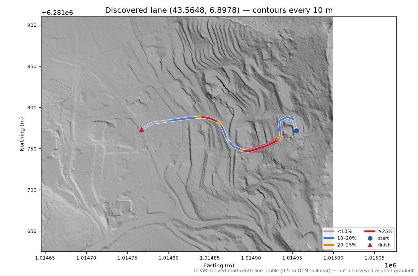 Discovered lane (43.5648, 6.8978) LiDAR hillshade map with contours
