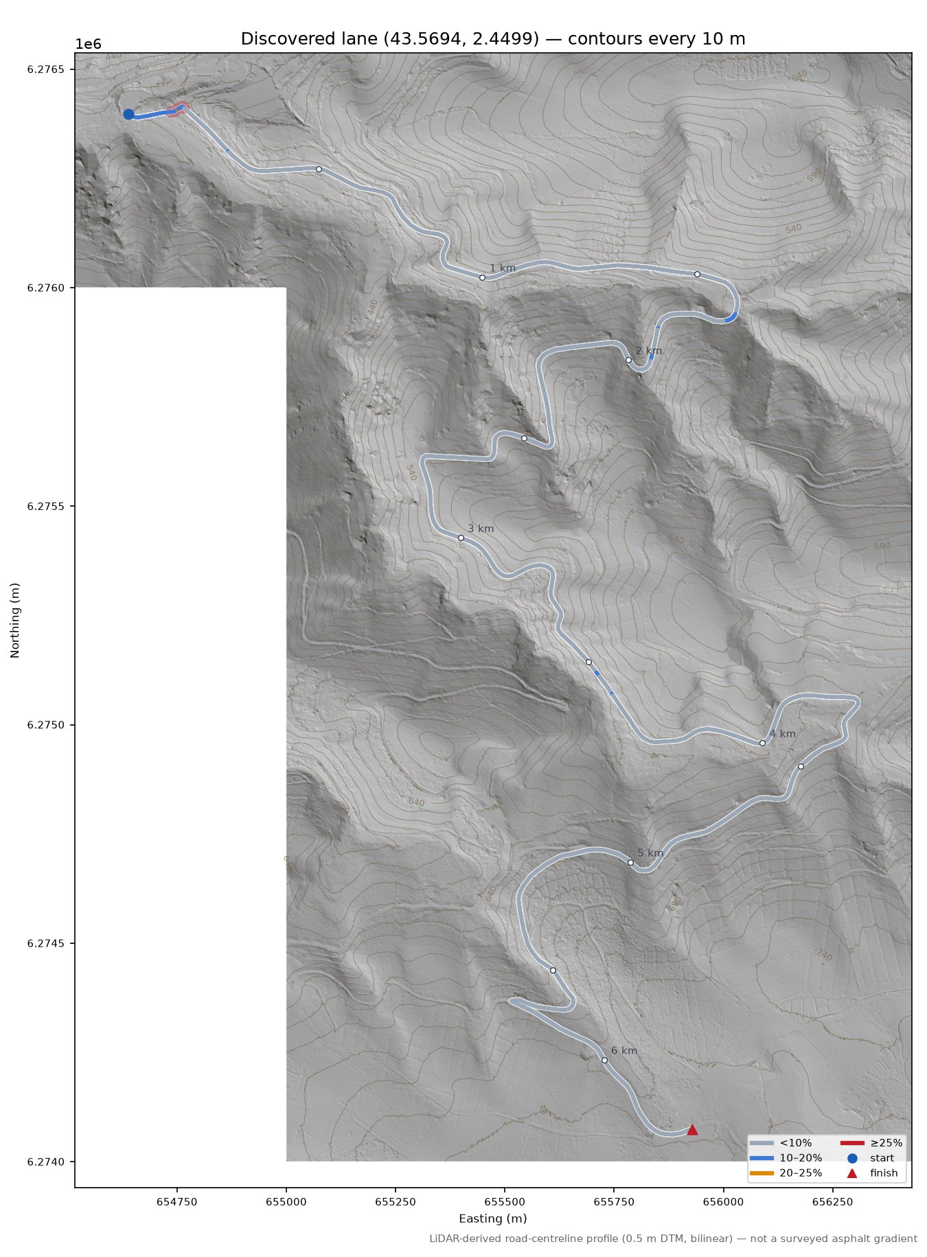 Discovered lane (43.5694, 2.4499) LiDAR hillshade map with contours