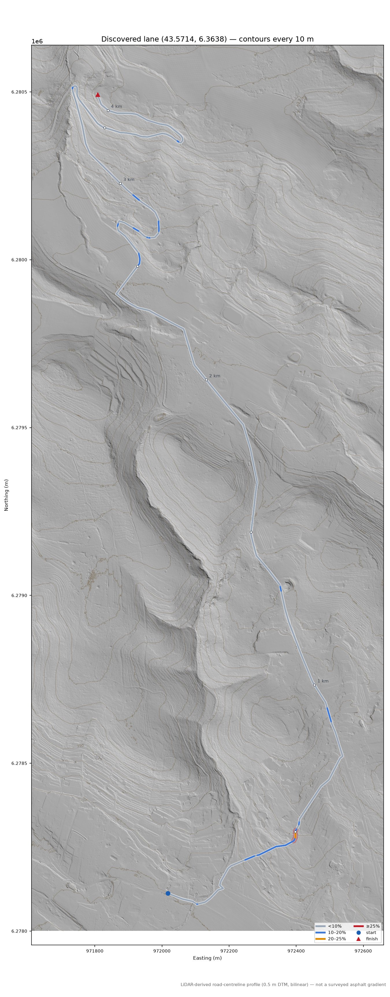 Discovered lane (43.5714, 6.3638) LiDAR hillshade map with contours