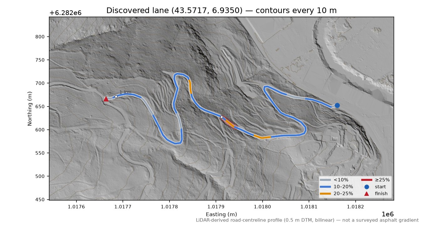 Discovered lane (43.5717, 6.9350) LiDAR hillshade map with contours