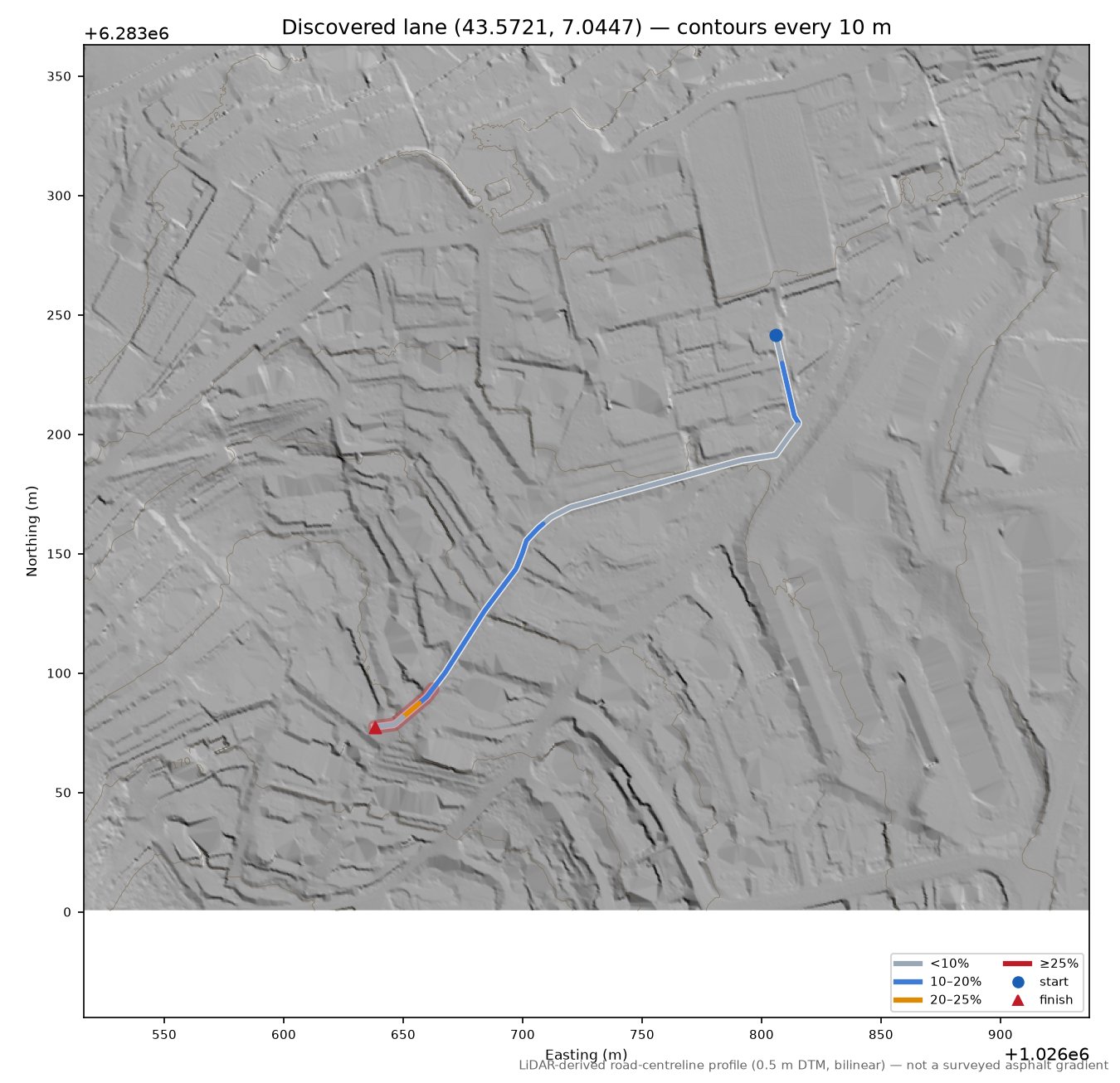 Discovered lane (43.5721, 7.0447) LiDAR hillshade map with contours