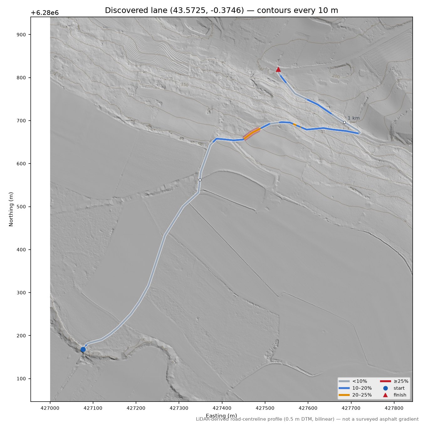Discovered lane (43.5725, -0.3746) LiDAR hillshade map with contours