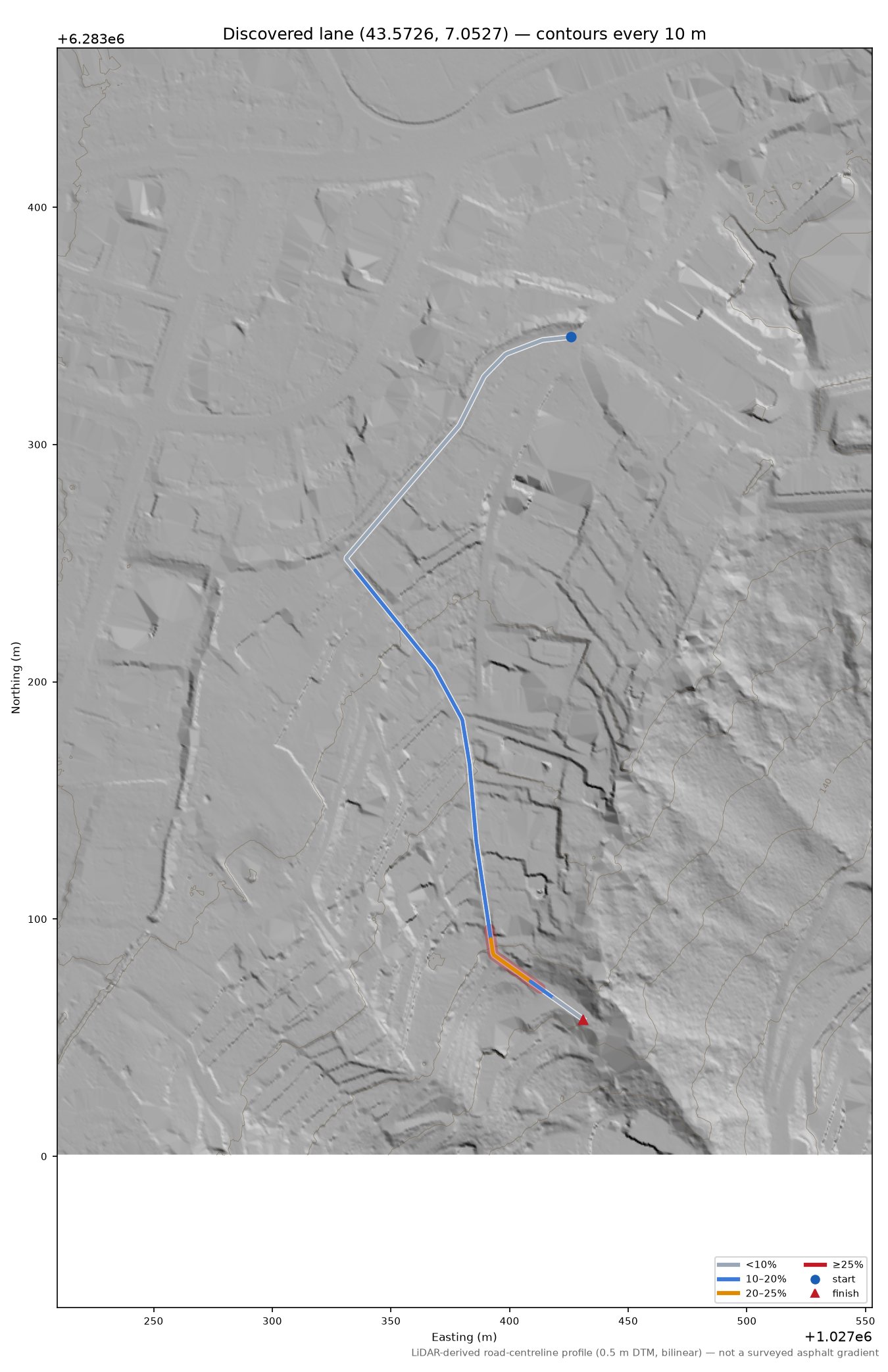 Discovered lane (43.5726, 7.0527) LiDAR hillshade map with contours