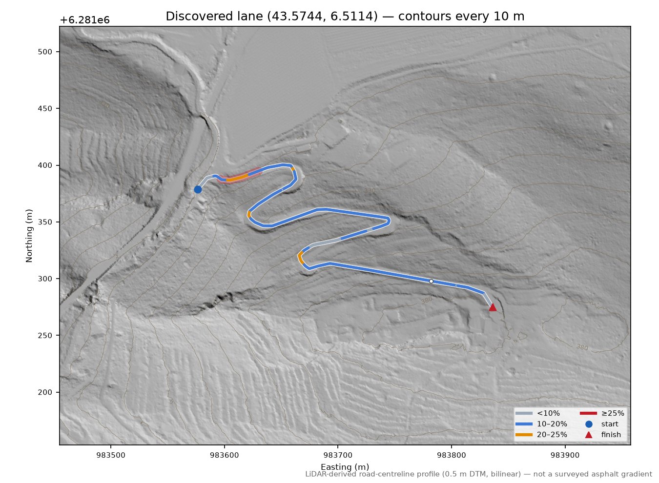 Discovered lane (43.5744, 6.5114) LiDAR hillshade map with contours