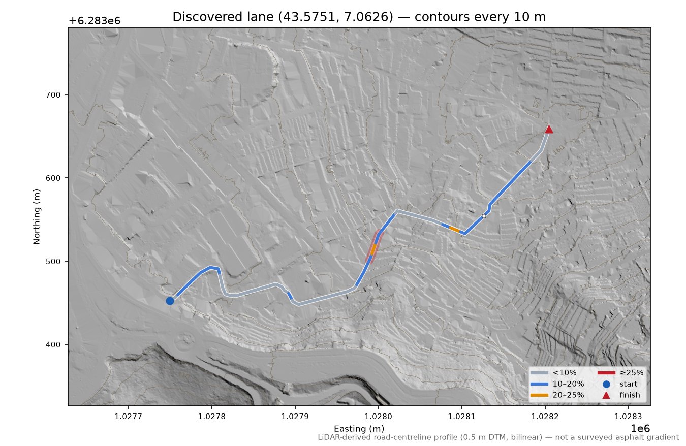 Discovered lane (43.5751, 7.0626) LiDAR hillshade map with contours