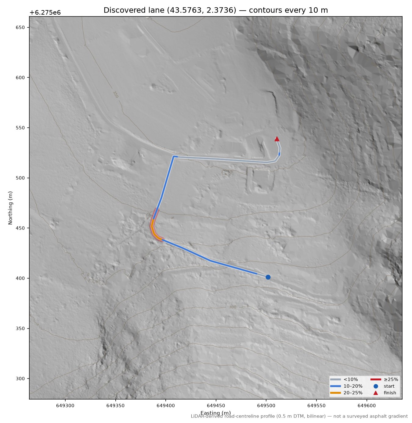 Discovered lane (43.5763, 2.3736) LiDAR hillshade map with contours