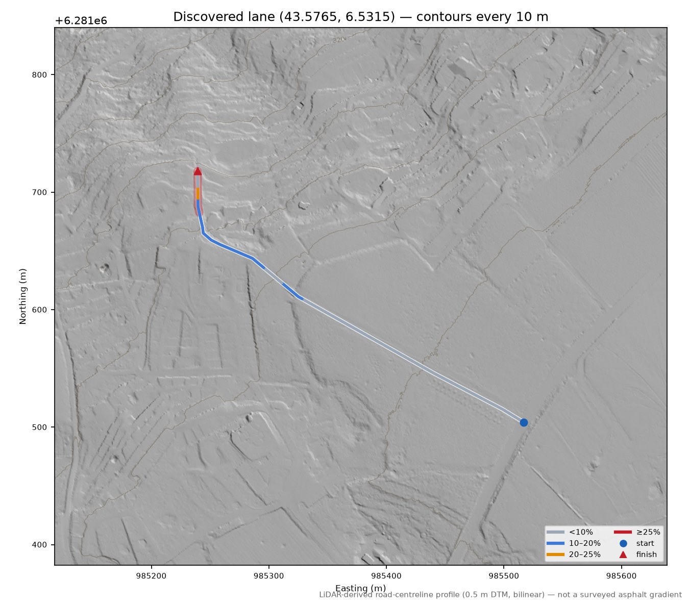 Discovered lane (43.5765, 6.5315) LiDAR hillshade map with contours