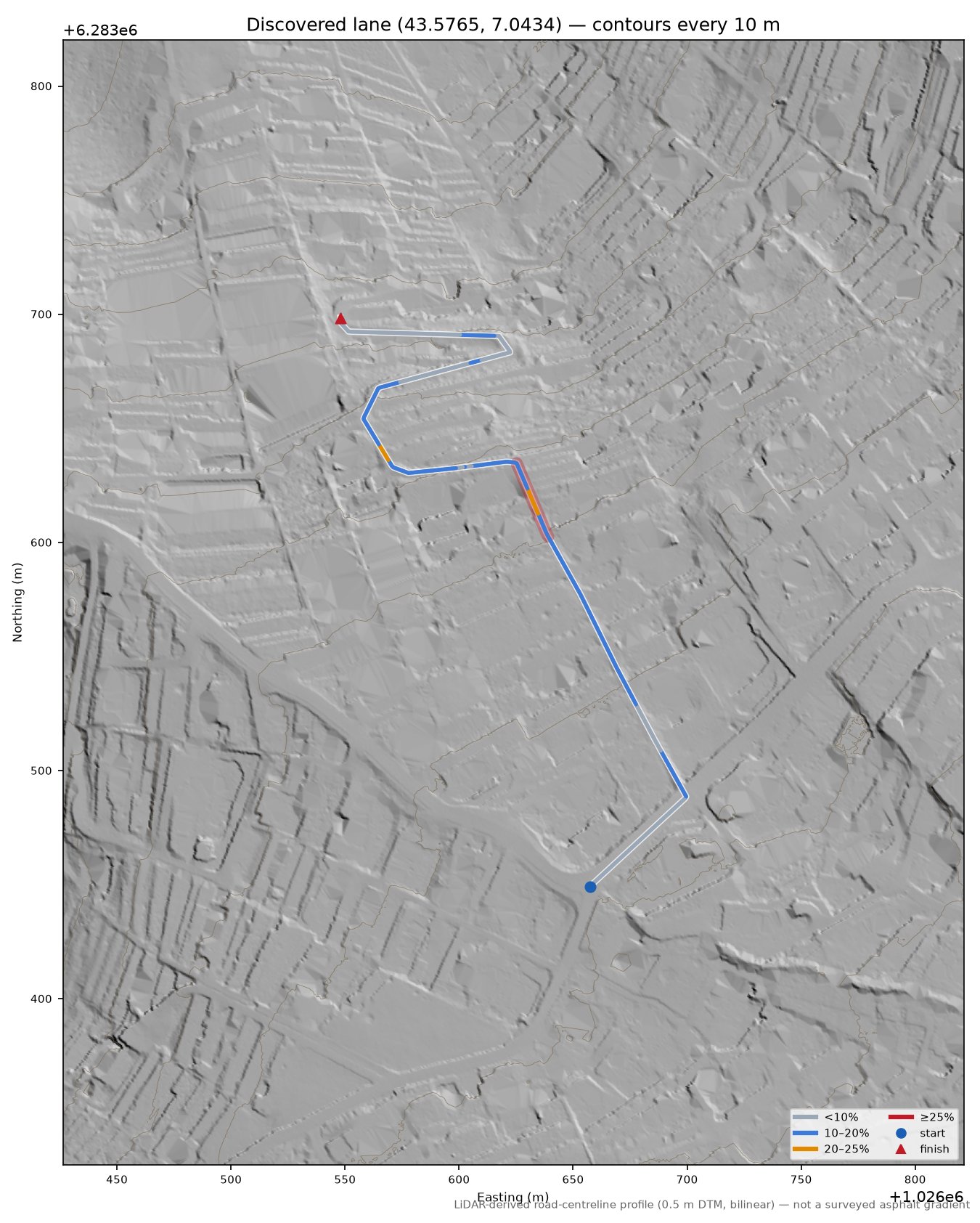 Discovered lane (43.5765, 7.0434) LiDAR hillshade map with contours