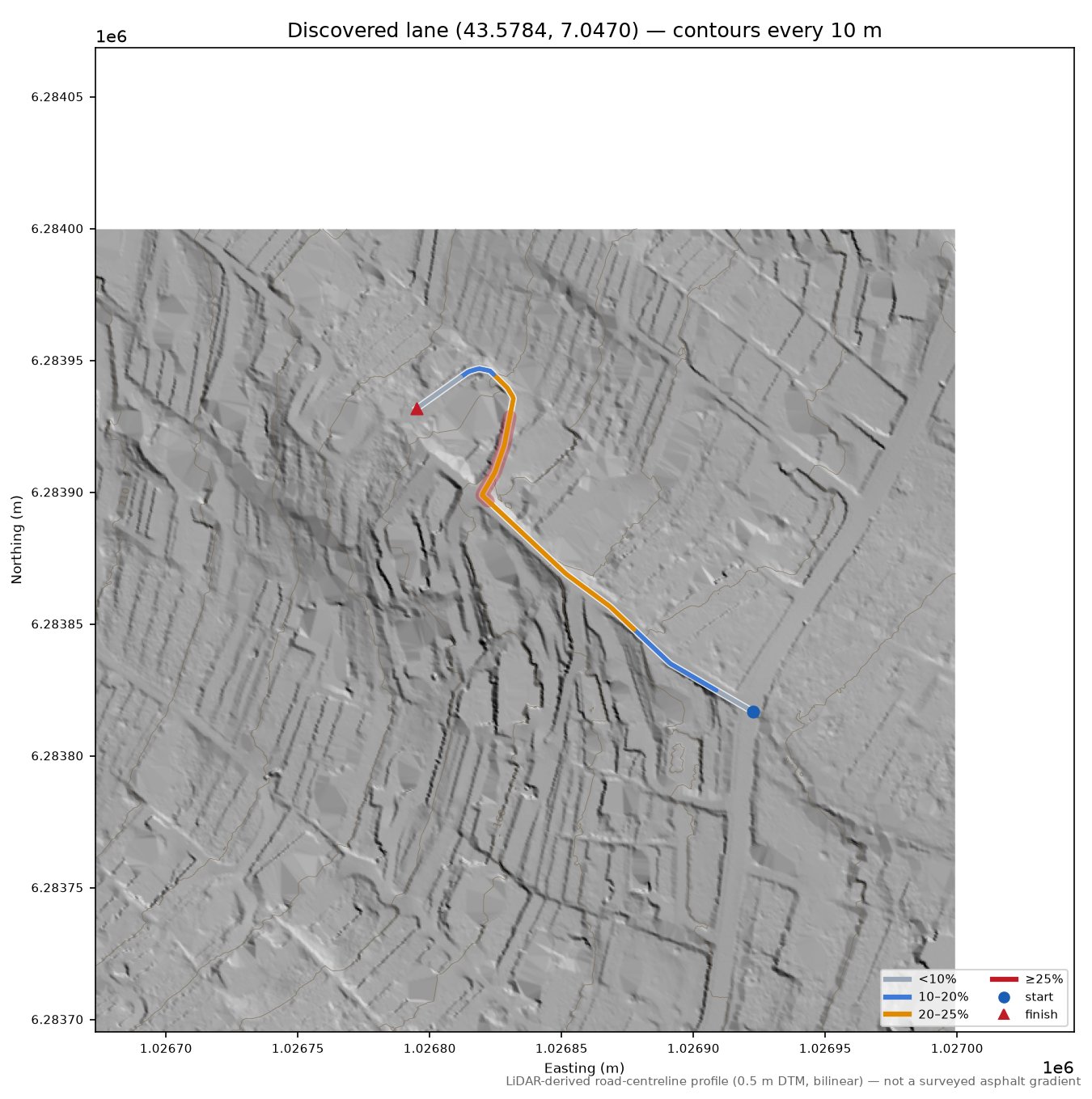 Discovered lane (43.5784, 7.0470) LiDAR hillshade map with contours