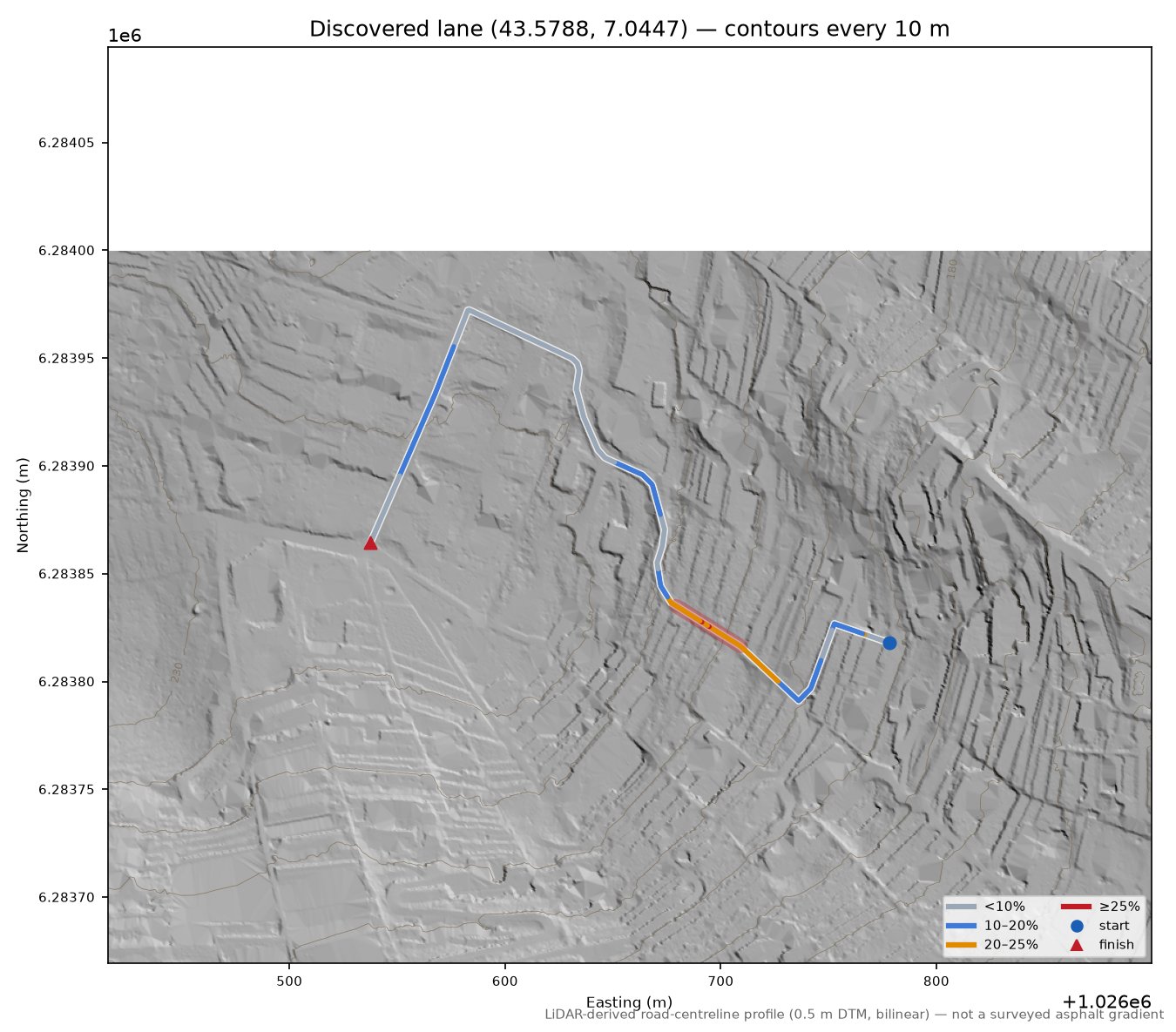 Discovered lane (43.5788, 7.0447) LiDAR hillshade map with contours