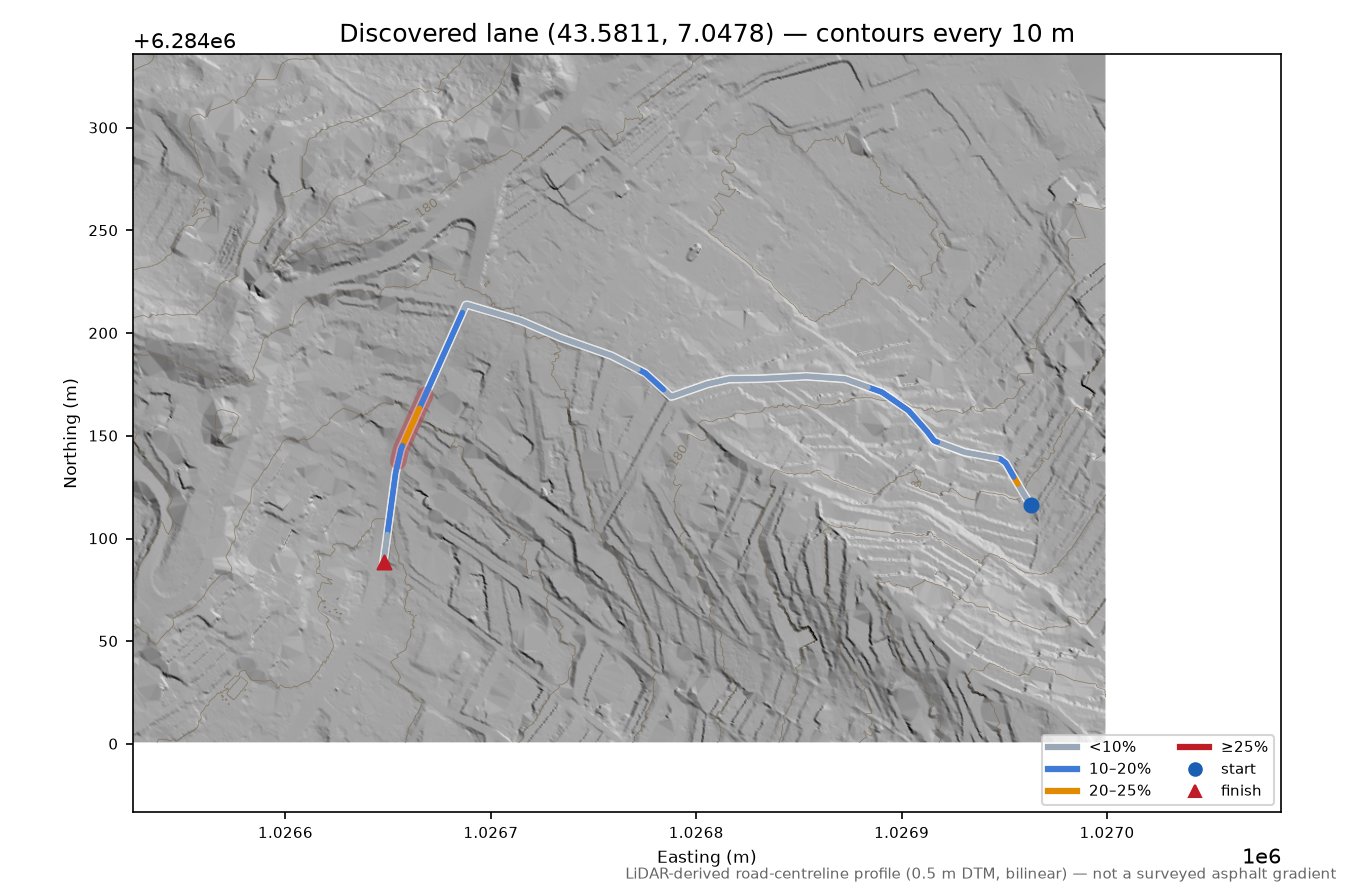 Discovered lane (43.5811, 7.0478) LiDAR hillshade map with contours