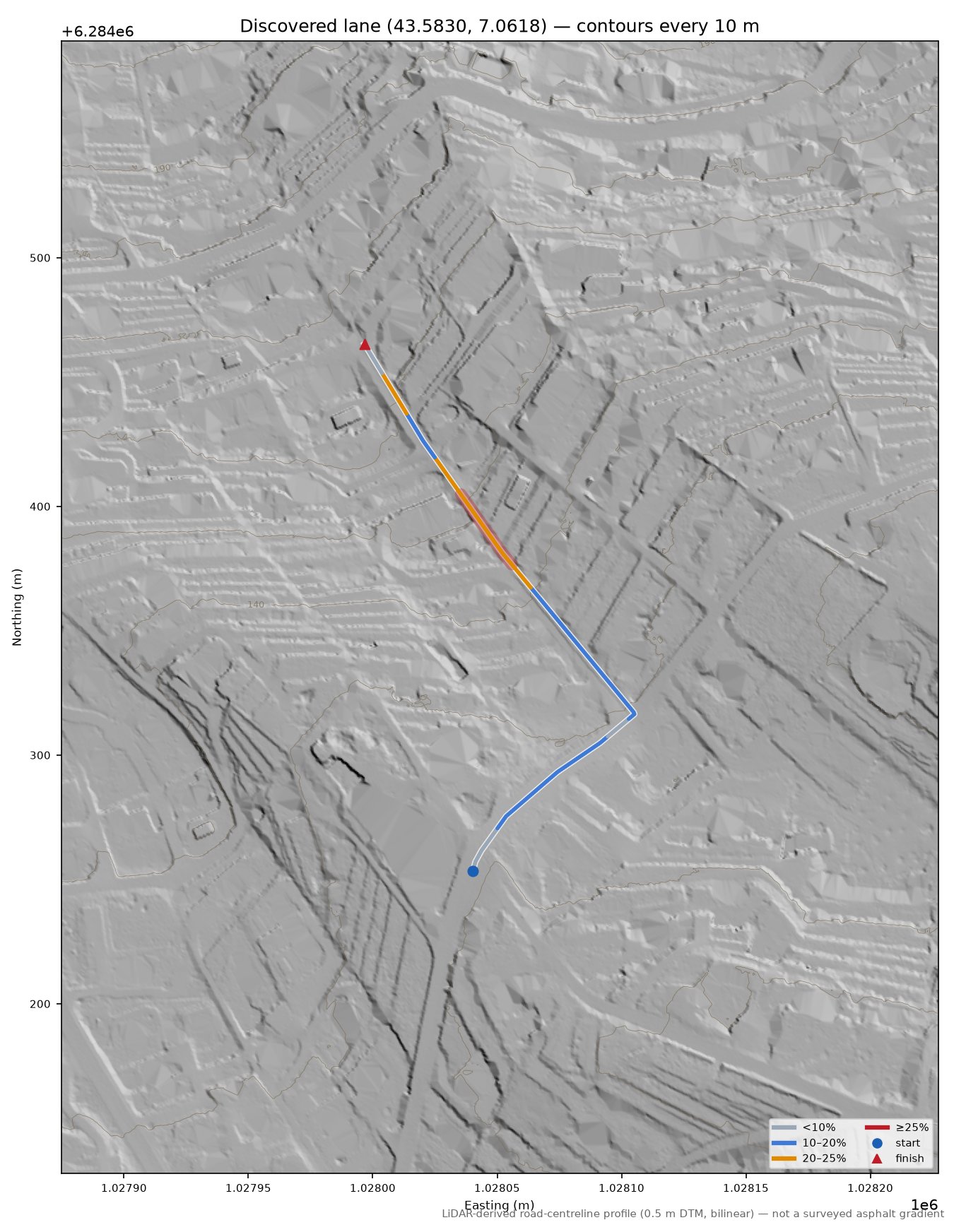 Discovered lane (43.5830, 7.0618) LiDAR hillshade map with contours