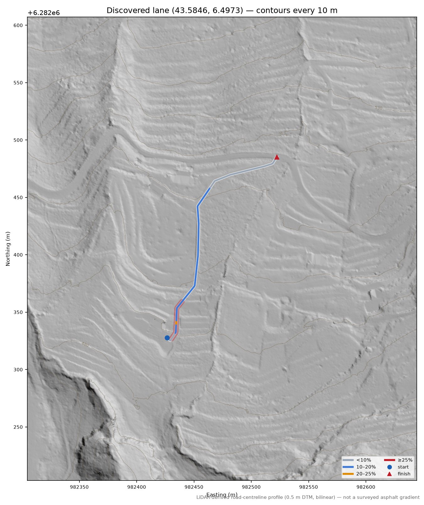 Discovered lane (43.5846, 6.4973) LiDAR hillshade map with contours