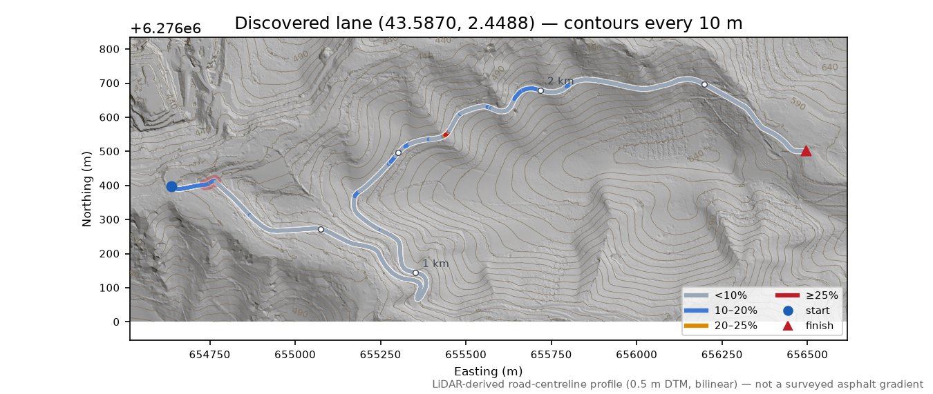 Discovered lane (43.5870, 2.4488) LiDAR hillshade map with contours