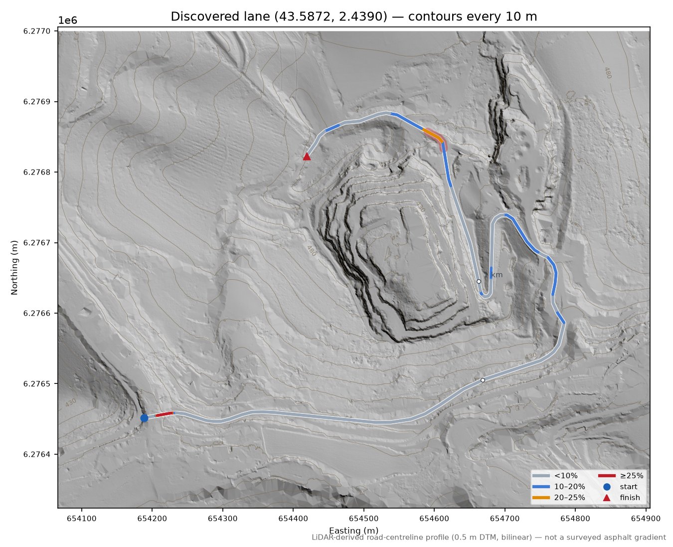 Discovered lane (43.5872, 2.4390) LiDAR hillshade map with contours