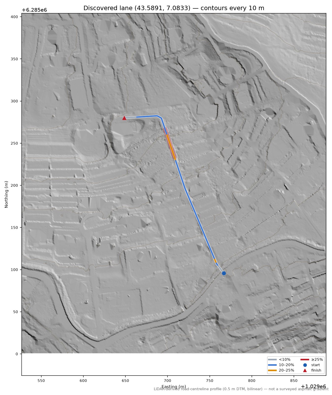 Discovered lane (43.5891, 7.0833) LiDAR hillshade map with contours