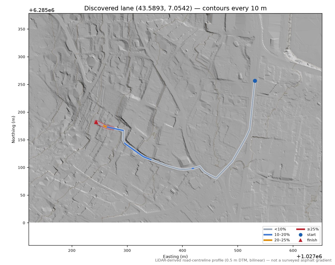 Discovered lane (43.5893, 7.0542) LiDAR hillshade map with contours