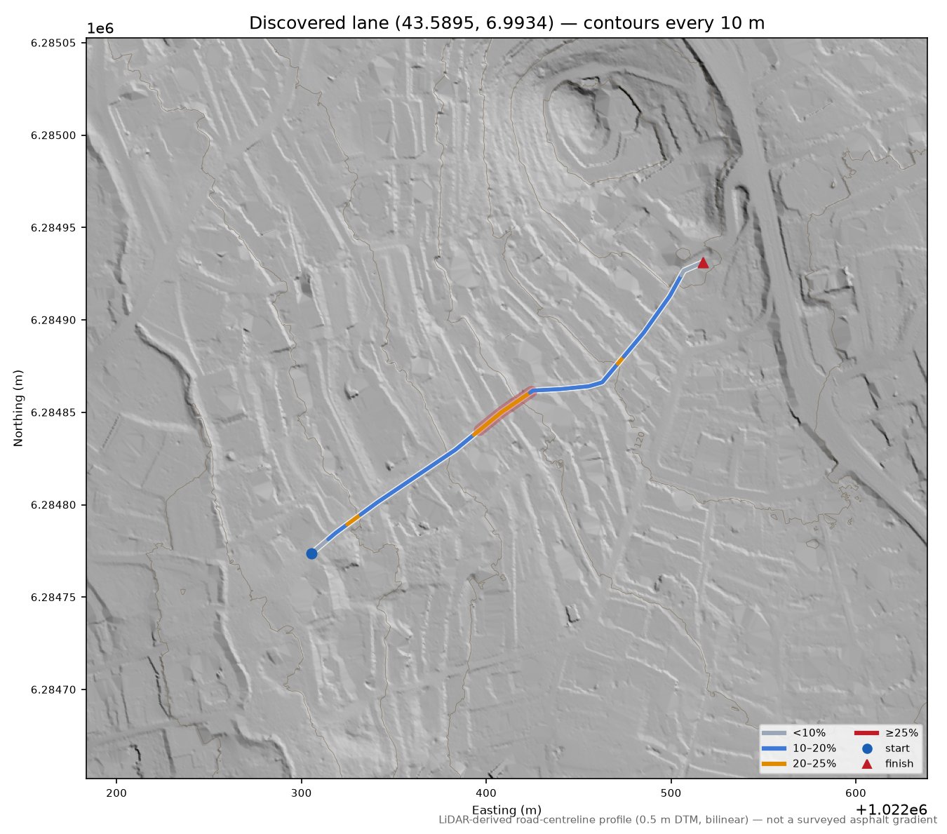 Discovered lane (43.5895, 6.9934) LiDAR hillshade map with contours