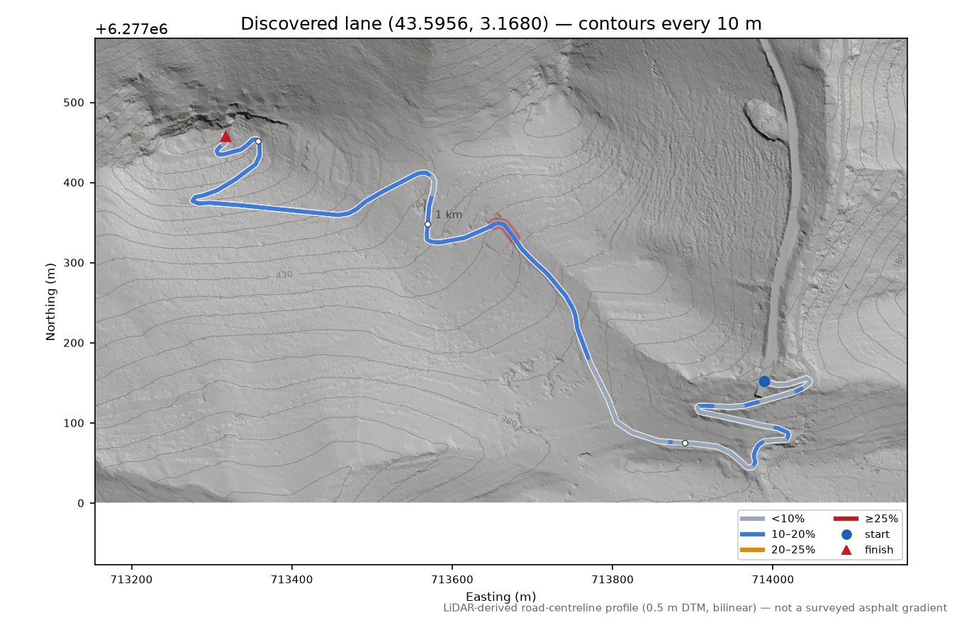 Discovered lane (43.5956, 3.1680) LiDAR hillshade map with contours