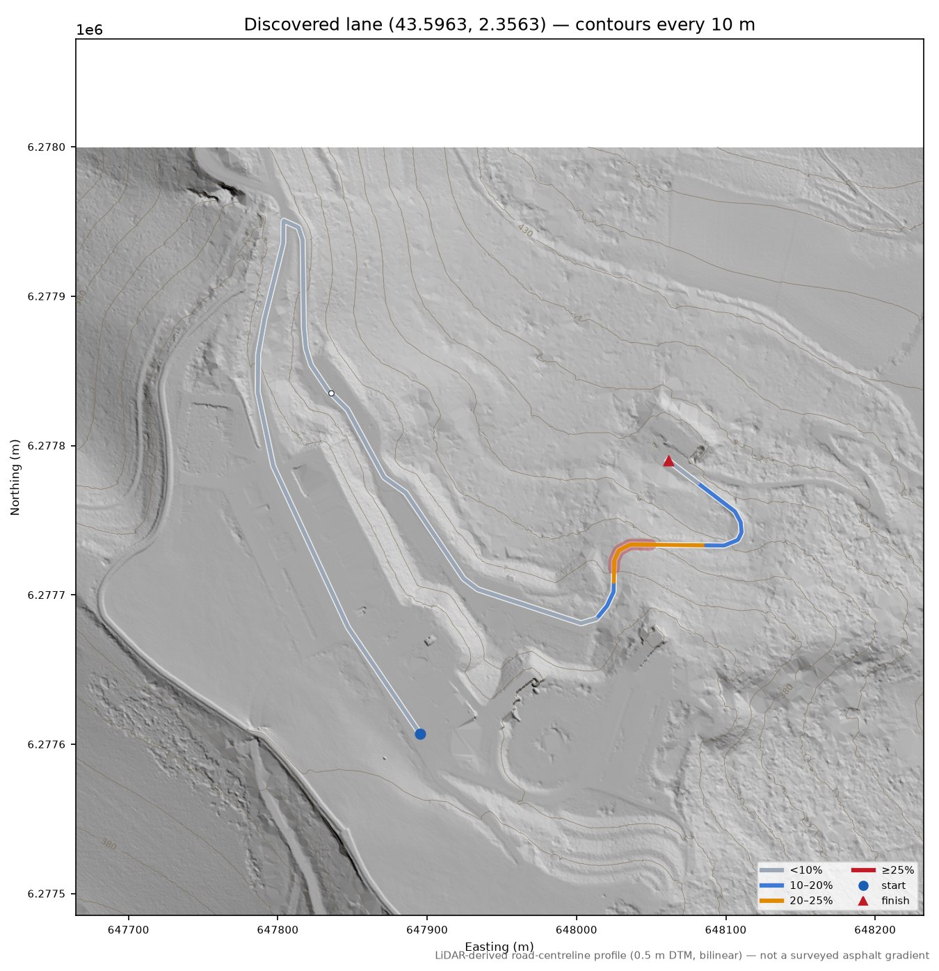 Discovered lane (43.5963, 2.3563) LiDAR hillshade map with contours