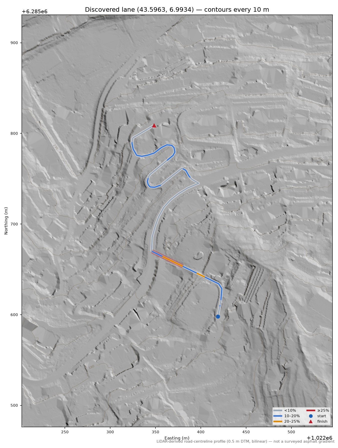 Discovered lane (43.5963, 6.9934) LiDAR hillshade map with contours