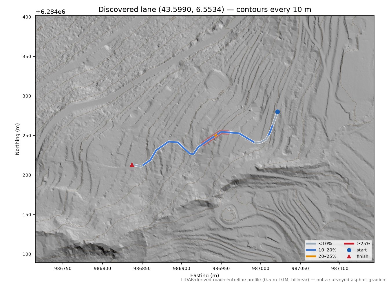 Discovered lane (43.5990, 6.5534) LiDAR hillshade map with contours