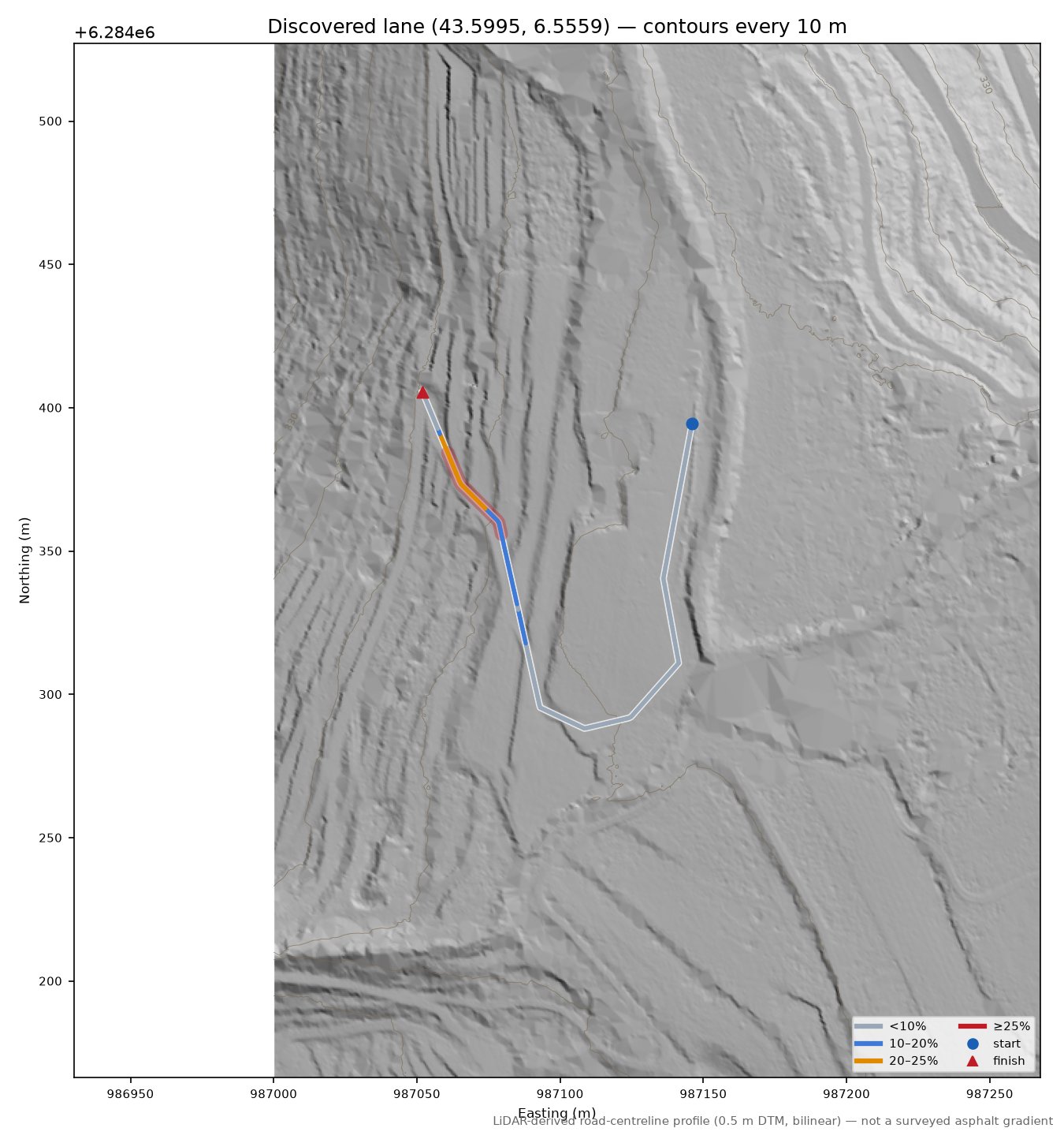 Discovered lane (43.5995, 6.5559) LiDAR hillshade map with contours
