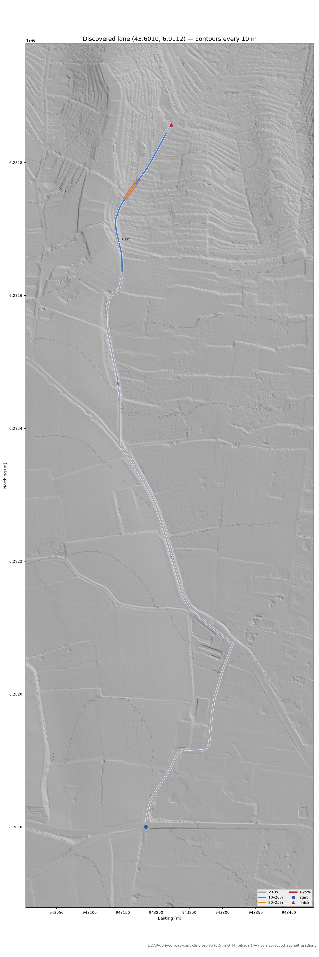 Discovered lane (43.6010, 6.0112) LiDAR hillshade map with contours