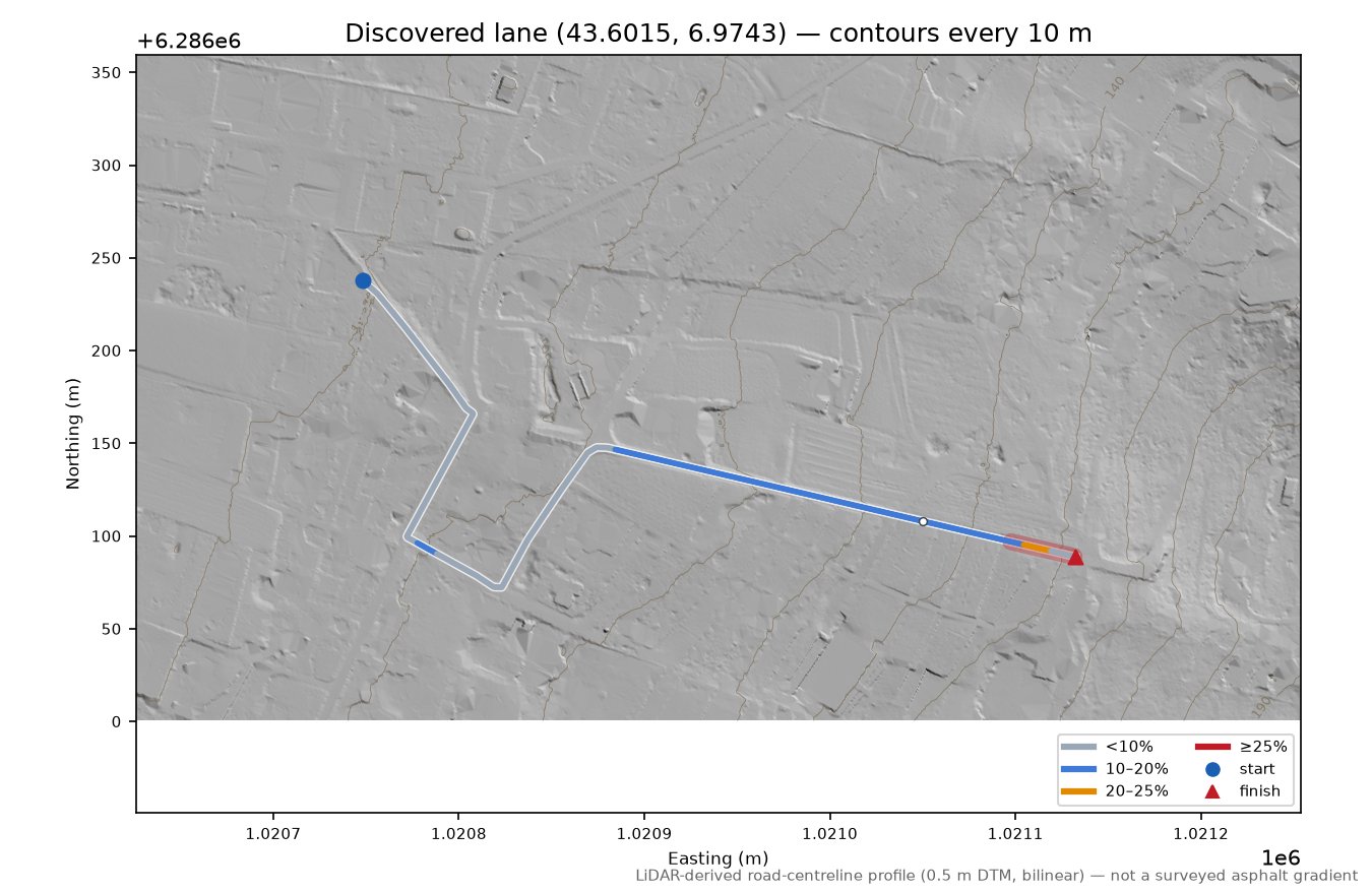 Discovered lane (43.6015, 6.9743) LiDAR hillshade map with contours