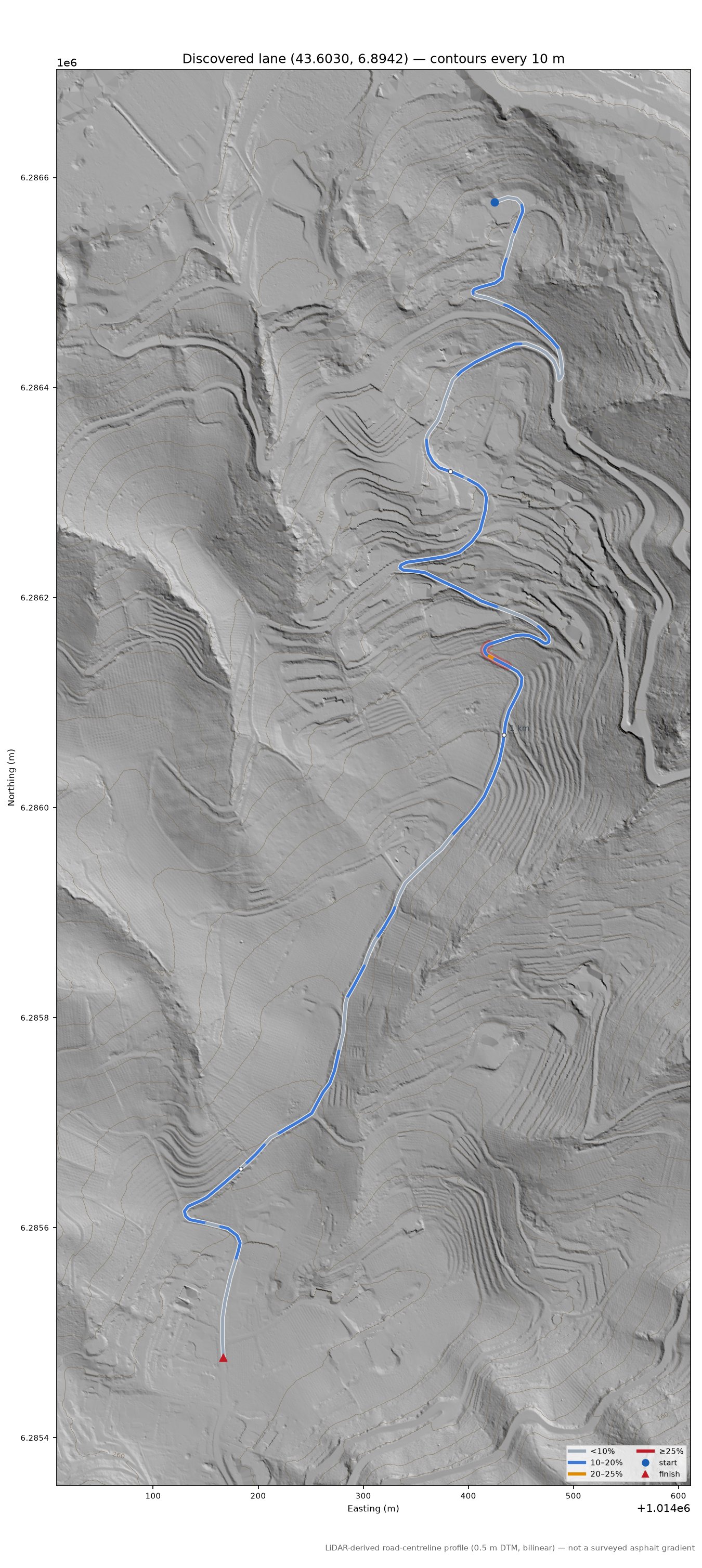 Discovered lane (43.6030, 6.8942) LiDAR hillshade map with contours